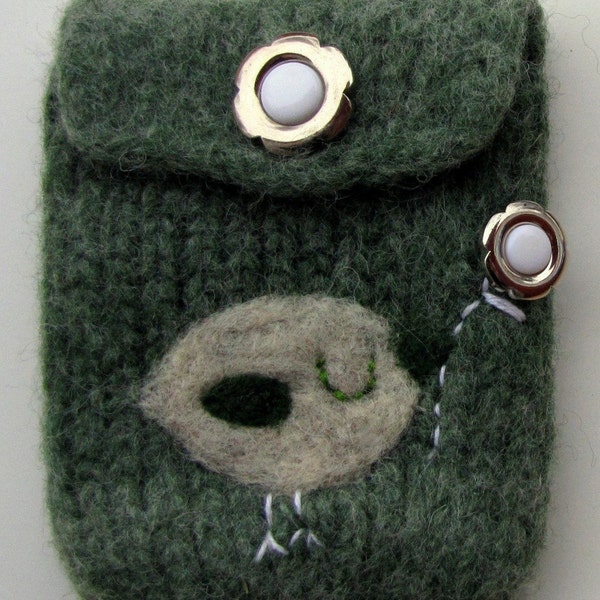 Pretty  green felted pouch purse cellphone cozy with little green bird holding a big flower