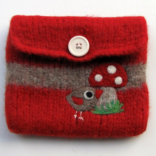 Pretty red light brown striped knit felted pouch purse with a little bird and a big toadstool
