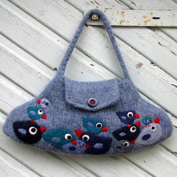 Blue felted bag handbag tote purse with needle felted blue little birdies