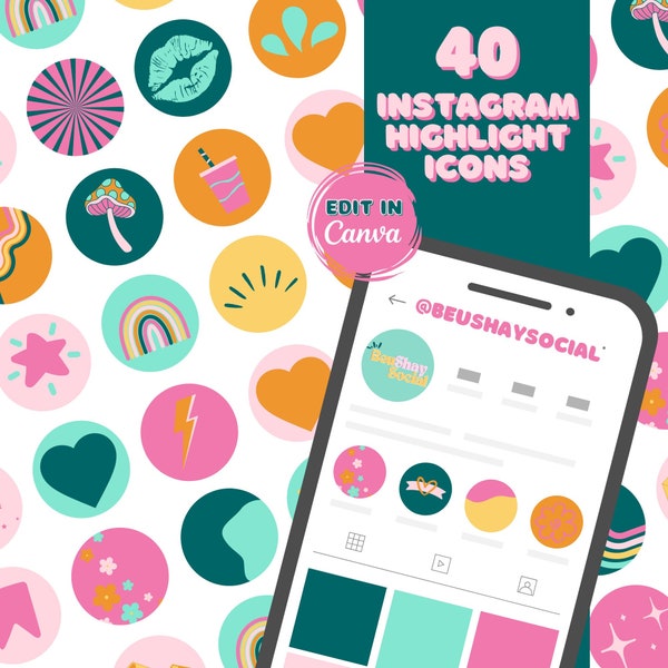 40 Editable Instagram Highlight Covers - DIY Covers for Instagram Stories - Instagram Highlights Colourful Icons - Canva Template - 0001