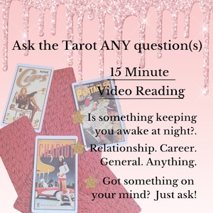 Puede incluir: Un fondo brillante rosa y blanco con un efecto de goteo. El texto "Ask the Tarot ANY question(s)" está en la parte superior de la imagen. Debajo del texto hay tres cartas de tarot: El Nueve de Copas, El Tres de Pentáculos y El Carro. El texto "15 Minute Video Reading" está debajo de las cartas. El texto "Is something keeping you awake at night?" está debajo del texto "15 Minute Video Reading". El texto "Relationship. Career. General. Anything." está debajo del texto "Is something keeping you awake at night?" El texto "Got something on your mind? Just ask!" está debajo del texto "Relationship. Career. General. Anything." El texto "Same day option available" está en la parte inferior de la imagen.