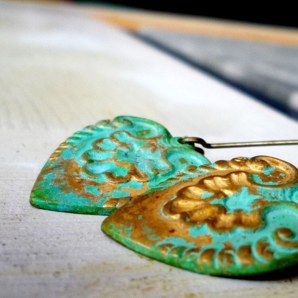 patina heart earrings - verdigris, golden, green -  zsb creations