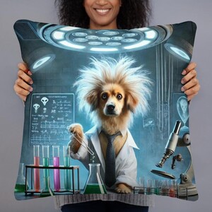 May include: A square cushion depicting a dog in a lab coat and tie, styled as a mad scientist with frizzy hair. The background shows a laboratory with test tubes, a microscope, and a diagram.