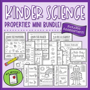 May include: A purple educational bundle titled "Kinder Science Properties Mini Bundle!" includes worksheets on colour, shapes, and matter. A yellow pencil points to the worksheets. Includes an assessment.