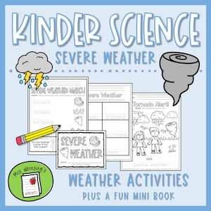 Puede incluir: Conjunto de hojas de trabajo educativas para niños con el texto "Kinder Science Severe Weather". Las hojas de trabajo incluyen actividades sobre ventiscas, tornados y huracanes, con ilustraciones y un mini-libro.