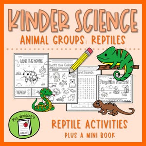Może przedstawiać: Kolorowy zestaw arkuszy edukacyjnych zatytułowany "Kinder Science: Animal Groups: Reptiles". Zestaw zawiera zajęcia o tematyce gadów, mini-książkę i wyszukiwanie słów, z ilustracjami kameleona, węża i żółwia.