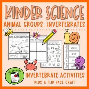 Może przedstawiać: Kolorowy zestaw arkuszy edukacyjnych zatytułowany "Kinder Science" skupiający się na zwierzętach bezkręgowych. Zestaw zawiera strony z ćwiczeniami z ilustracjami owadów, kraba, ślimaka i meduzy. Tekst zawiera "Invertebrate Activities".