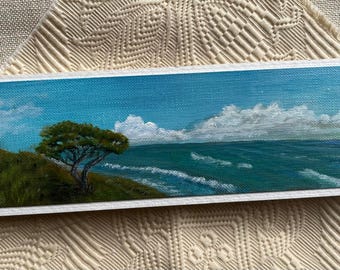 Estudio artístico original en miniatura: paisaje acrílico pintado a mano sobre cartulina Fabriano de 300 g/m² y 400 g/m². Marcapáginas de lujo "Pino Solitario".