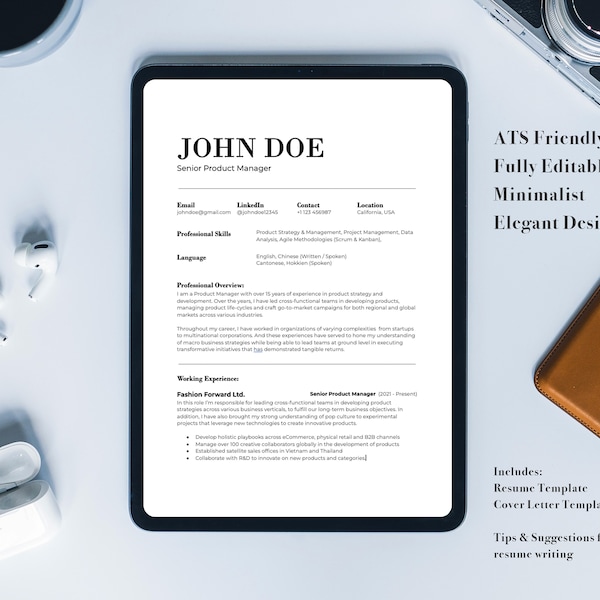 ATS-vriendelijk CV-sjabloonpakket voor Google Doc | Minimalistisch professioneel executive cv | Compatibel met Word en Pages - Elegant Basic