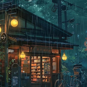 Puede incluir: Una pequeña librería con un letrero que dice "Librería" en japonés. La librería está iluminada con luces amarillas cálidas y tiene un gran escaparate de libros. Hay dos bicicletas estacionadas afuera de la librería, y la escena se desarrolla en una noche lluviosa.