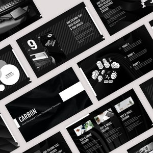 Può includere: Un modello di presentazione in bianco e nero con la parola "CARBON" in grassetto bianco. Il modello presenta una varietà di diapositive con diversi layout, tra cui un testo a una colonna con intestazione e due immagini, colonne di testo e immagini e una diapositiva con un collage di illustrazioni. Il modello è progettato per essere minimalista e moderno.
