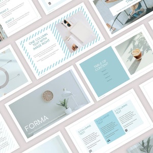 Puede incluir: Una plantilla de presentación con un esquema de color azul claro y blanco. La plantilla presenta una variedad de diseños, que incluyen un encabezado con una columna de lista, una tabla de contenido y un collage con una cita y una copia. La plantilla también incluye imágenes de un tocadiscos, una taza de café y un reloj.