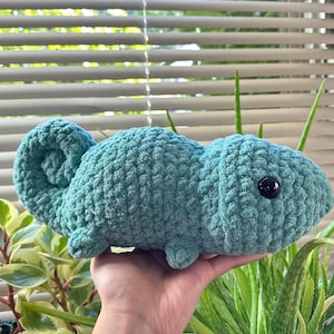 May include: A teal blue crocheted chameleon plush toy with black eyes. The toy is being held in a hand.