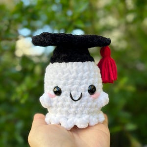 Mini Crocheted Ghost Plushie with Grad Cap Amigurumi