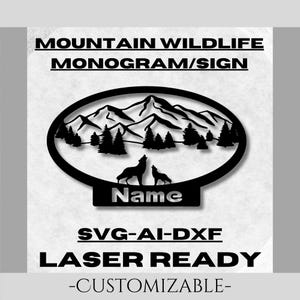 Monogramma/segno della fauna selvatica di montagna ovale personalizzabile, file tagliato al laser, lupi, decorazioni murali, file di circuiti, download digitale, pronto per il laser, cnc.