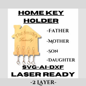 Archivo cortado con láser para colgar llaves de casa personalizado, padres más hijo e hija, ai, svg, dxf, llavero, organizador de llaves, anillos, niños, descarga digital.