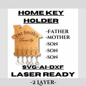 Nome di famiglia portachiavi di casa file tagliato al laser, genitori e tre figli, ai, svg, dxf, personalizzato, portachiavi, assemblare, anello, file cnc, casa.