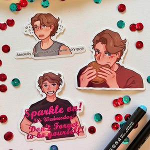 May include: Three stickers featuring cartoon illustrations of a person. One sticker has the text "Absolutly destoryed on red wine, sory guys". Another sticker has the text "Sparkle on! It's Wednesday! Don't Forget to be yourself!" The stickers are surrounded by red and teal sequins and pens.