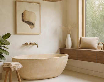 Sand Beige Marble Bathtub: Oval Stone Tub - 66.54"