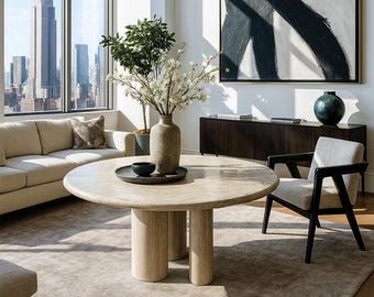 Round Beige Travertine Marble Table: Cozy Breakfast Nook Style