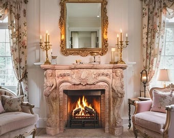 Puede incluir: Un salón lujoso con chimenea, espejo dorado ornamentado y candelabros dorados a juego. La chimenea es de mármol rosa y tiene fuego. Cortinas florales y sillones a juego completan la elegante decoración.
