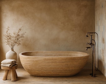 Beige Travertine Bathtub: Oval Stone Spa Tub (156x78x55cm)