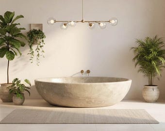 Beige Travertine Freestanding Tub | Deep Oval Stone Bathtub