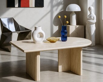 Modern Beige Travertine Table: Mid-Century Rustic Stone