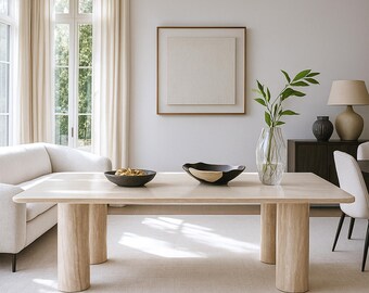 Square Travertine Marble Table: Beige Stone Dining Table