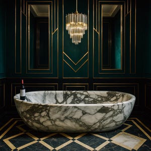 May include: A luxurious bathroom featuring a large, oval marble bathtub with dark veining. The room has dark green walls with gold trim, a patterned floor, and a crystal chandelier. A bottle of red wine sits on the edge of the tub.