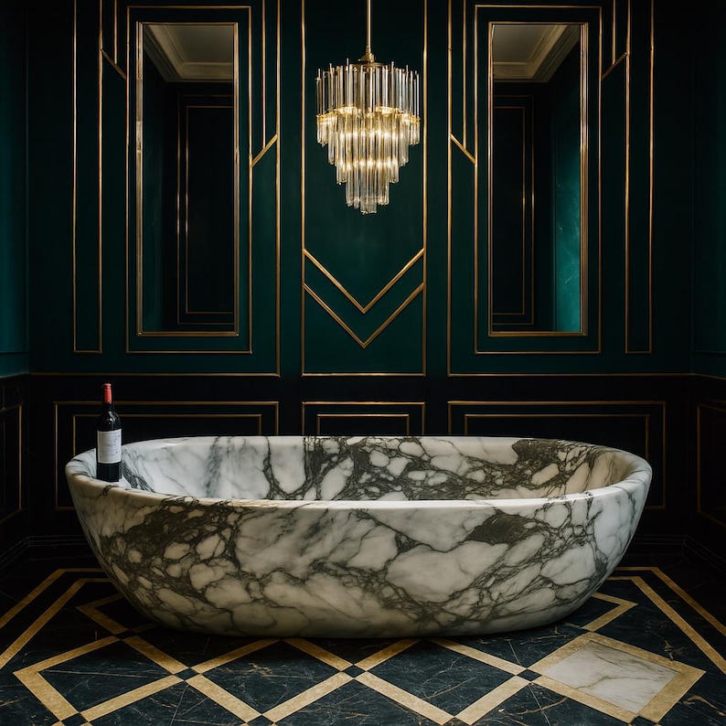 May include: A luxurious bathroom featuring a large, oval marble bathtub with dark veining. The room has dark green walls with gold trim, a patterned floor, and a crystal chandelier. A bottle of red wine sits on the edge of the tub.