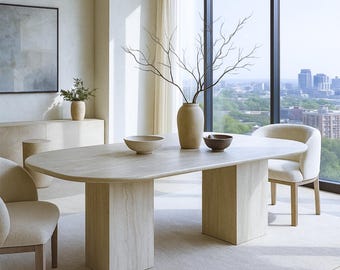 Beige Travertine Table Set for 8: Rustic Stone Dining