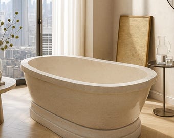 May include: A beige, oval-shaped bathtub with a rounded base. The tub is in a well-lit bathroom with a large window overlooking a cityscape. A small side table and a decorative screen are nearby.