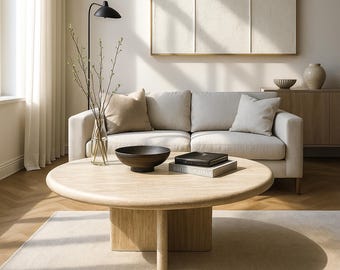 Small Round Travertine Table: Beige Marble Accent Table