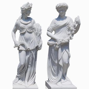 Hand-Carved Marble Spring and Summer Goddess Garden Statues | Elegant Outdoor Sculptures