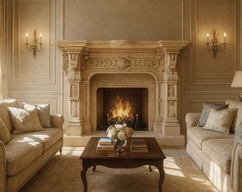 Marco de chimenea de mármol beige español: estilo Grand Estate (250 x 58 x 158 cm)