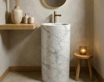 Calacatta Pedestal Marble Sink Minimalist With Access 33.5" Tall