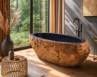 River rock bathtub with rustic color, natural outside and polished inside, oval stone tub