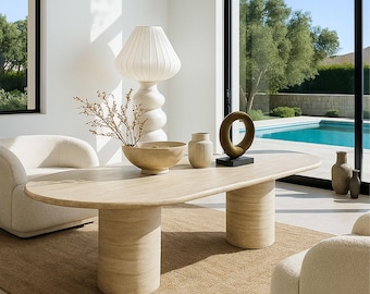 Beige Travertine Dining Table: 100% Stone