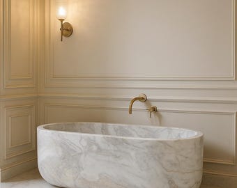 Arabescato White Marble Freestanding Tub - Elegant Oval Design