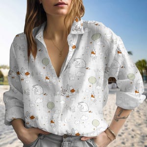 Winnie The Pooh Linen-look Shirt, Pooh Eeyore Shirt Women, Pooh And Friends Long Sleeve Shirt, Magic Kingdom Shirt For Her, Valentine Gift