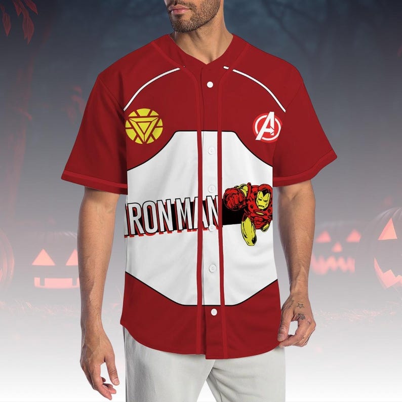 Iron Man Costume Baseball Jersey, Superhero Cosplay Jersey Shirt, Marvel Comic-Inspired Jersey Top For Fan, Tony Stark Jersey Shirt