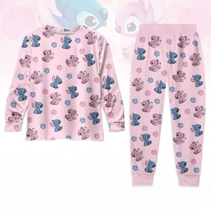 Stitch And Angel Pajamas Set, Disney Valentine Longsleeve Pajamas Set, Disneyland Trip Holiday Pajamas, Valentine Gift, Gift For Her