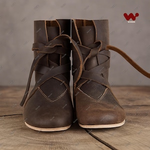 Men’s Medieval Cosplay Boots, Viking Style Brown Wrap Boots, Faux Leather LARP Warrior Shoes, Halloween Cosplay Boots