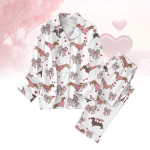 Dachshund Coquette Bow Pajamas Set, Pink Bow Dog Women Pajamas, Dachshund Valentine Holiday Pajamas, Pet Pajamas Family, Valentine Gift