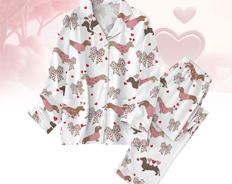 Conjunto de pijama con lazo de coqueta de perro salchicha, pijama de mujer con lazo rosa, pijama de fiesta de San Valentín de perro salchicha, pijama familiar para mascotas, regalo de San Valentín