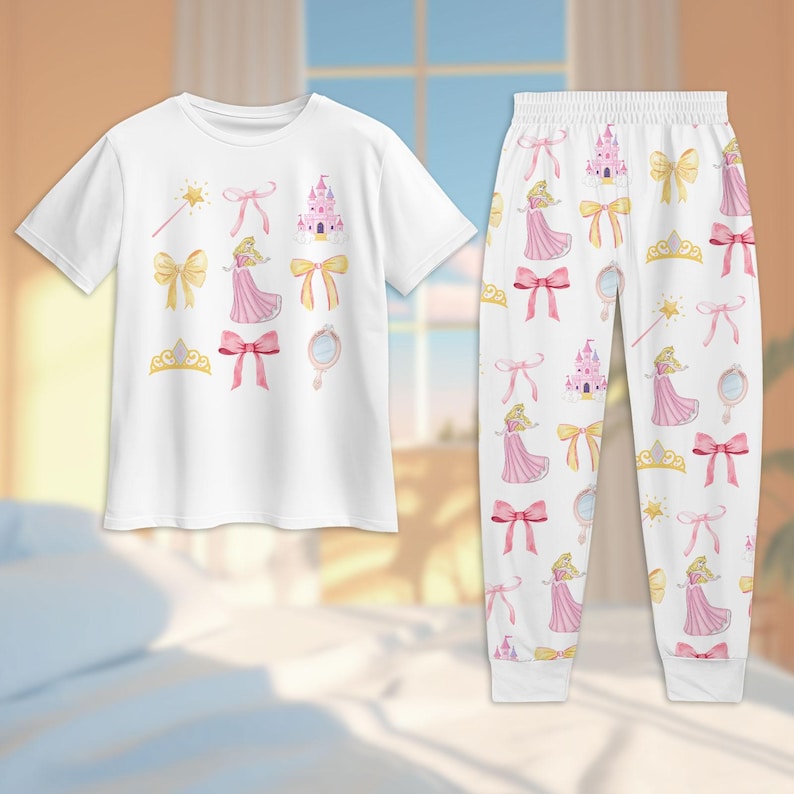 Sleeping Beauty Coquette Pajamas Set, Disney Princess Bow Tshirt Pants, Disneyworld Pajamas Family, Magic Kingdom Pjs, Valentine Gift