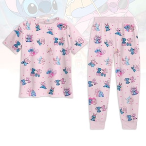 Stitch And Angel Valentine Pajamas, Disney Stitch Tshirt And Pants, Magic Kingdom Outfit, Disneyland Trip Pajamas Party, Valentine Gift