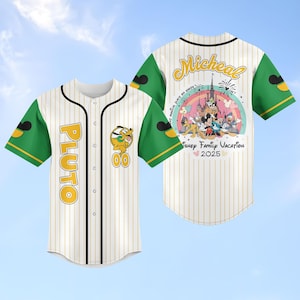 May include: White and green baseball jersey with Pluto and the text "PLUTO" in yellow. The back of the jersey features a Disney family vacation design with the name "Micheal" and the year 2025.