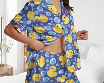 Rubber Duck Short Satin Pajamas, Yellow Rubber Duck Bride Pajamas, Rubber Ducky Short Sleeve Pajamas, Duck Lover Matching Pajamas